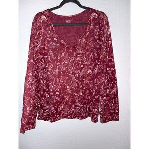 Garnet Hill Green Cotton Floral Long Sleeve Mauve Top Size XL